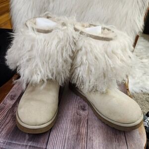 UGG Australia Lida 1875 Cream Suede Mongolian Sheepskin Fur Trim Boots Womens 9